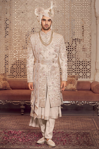 Cream Silk Sherwani With Cutdana And Sequins Work