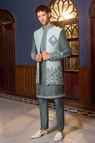 Grey Silk Indo Western With Mirror And Resham Embroidery