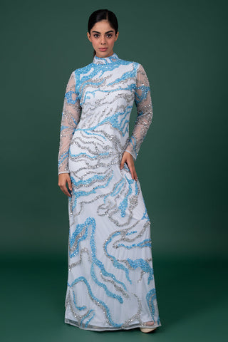Ice Blue Tulle Gown With Silver And Blue Abstract Sequin Flame Patterns