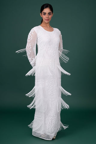 Ivory Leaf-Motif Sequin And Bead-Work Georgette Fringe Gown