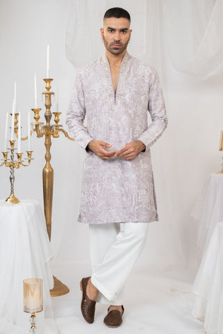 Lilac Silk Kurta Set With Sequins And Embroidery