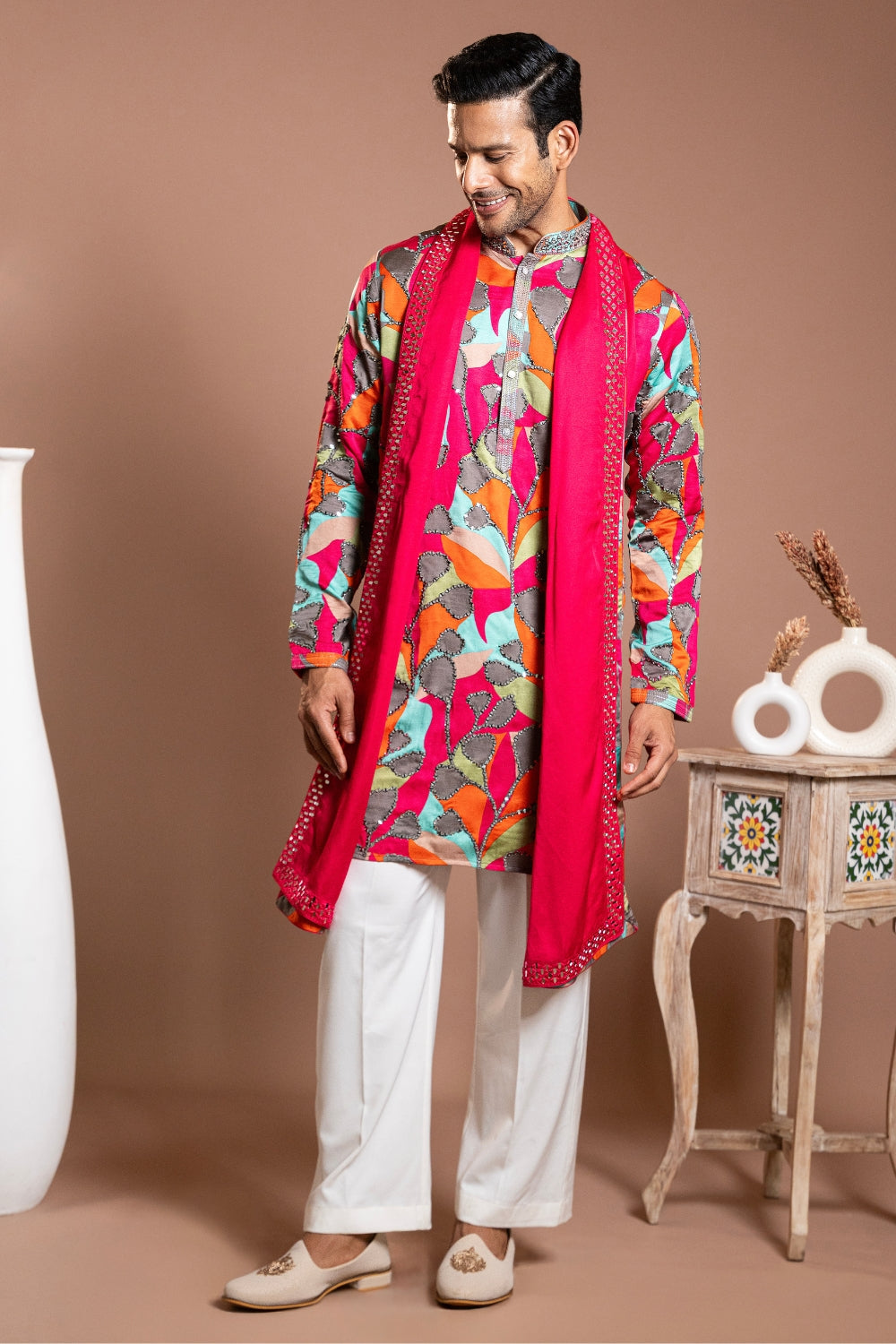 Multi Color Linen Satin Kurta Set With Mirror And Thread Work