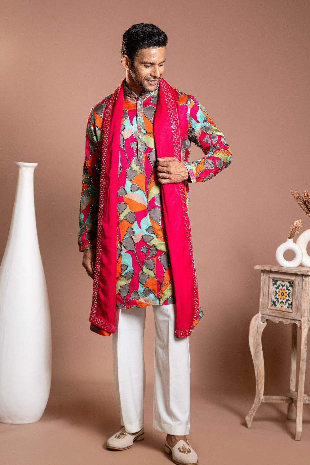 Multi Color Linen Satin Kurta Set With Mirror And Thread Work