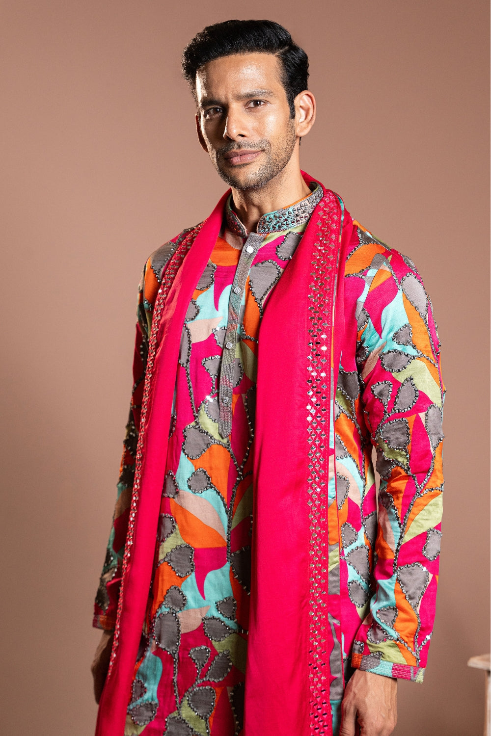Multi Color Linen Satin Kurta Set With Mirror And Thread Work