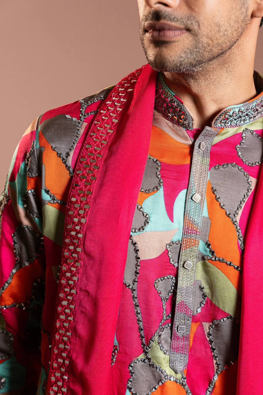 Multi Color Linen Satin Kurta Set With Mirror And Thread Work