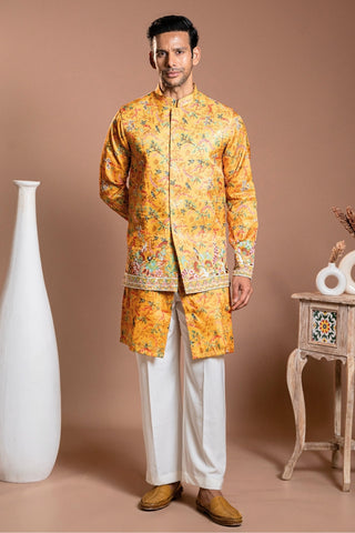 Mustard Yellow Printed Silk Koti Set With Sequins And Cutdana Work