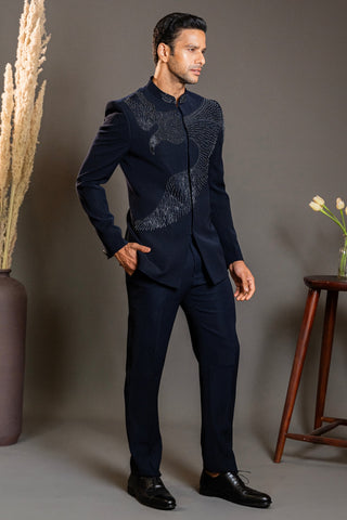Navy Blue Imported Jodhpuri Suit With Cutdana And Stone Work