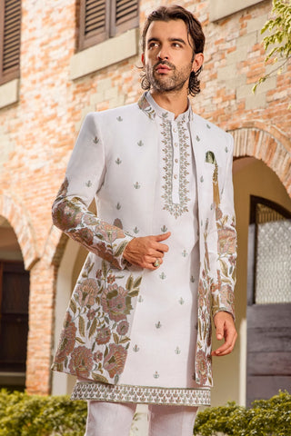 White Silk Indo-Western Set with Sequin Embroidery