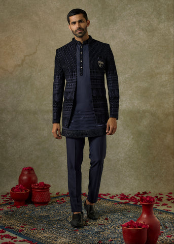 Royal Blue  Satin Silk And Velevt Embroidery Open Indo Western Set