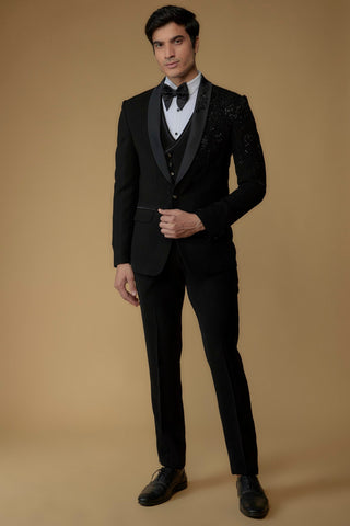 Jet Black Japanese Suiting Fabric Hand Embroidered Tuxedo Set