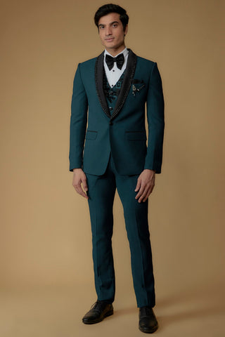 Navy Blue Japanese Suiting Hand Embroidered Tuxedo Set