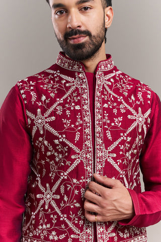 Maroon Embroidered Men's Kurta Jacket Set