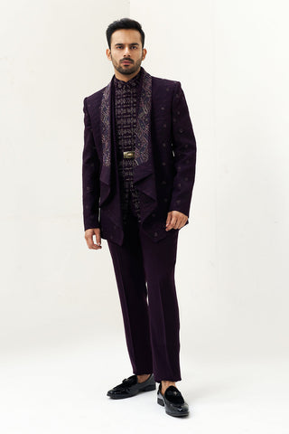 Wine Polyester Cotton Cut Dana Work Men's Kurta Set