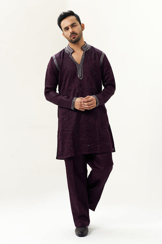 Wine Satin Silk Embellished Men's Kurta Set
