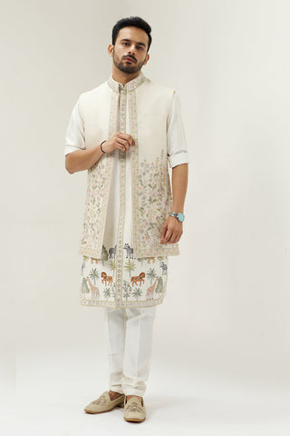 Off White Appliqué Embellished Silk Men's Kurta with Jacket