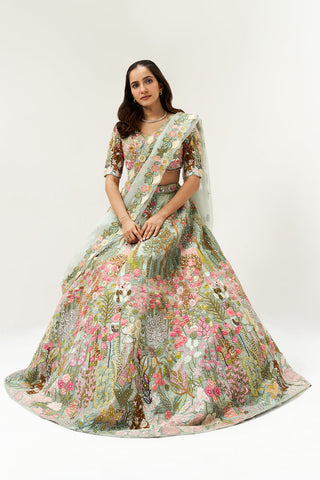 Sage Green Floral Embellished Organza Festive Lehenga Set