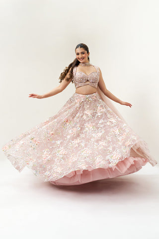 Onion Pink Embellished Net Festive Lehenga Set