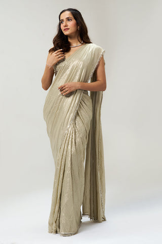 Gold Moti & Stone Embellished Ready Pleated Saree