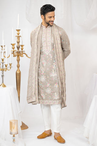 Soft Champagne Tissue Silk Kurta Set With Sequins And Resham Embroidery