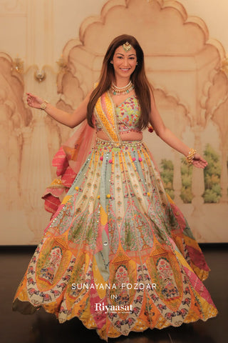 Multi Art Silk Printed Festive Lehanga with Mirror and Resham Work