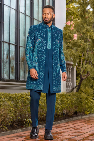 Teal Blue Silk Indo-Western Set with Resham Embroidery