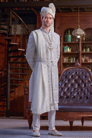 White Silk Sherwani with Cutdana Work