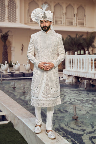 White Silk Sherwani With Sequins And Resham Embroidery