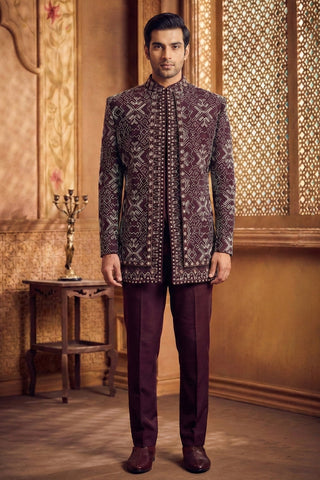 Wine Silk Indo Western With Cutdana And Moti Work