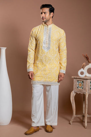 Yellow Semi Silk Kurta Set With Mirror And Sequins Work