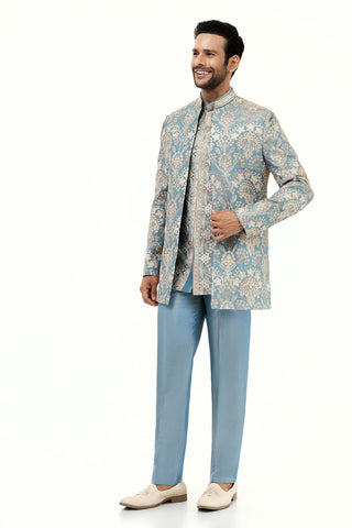 Aqua Blue Art Silk Mens Jodhpuri Set with Resham and Zari Work