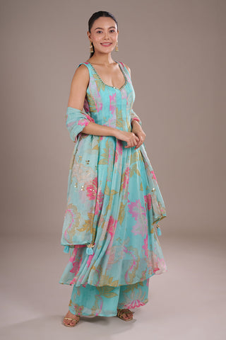 Aqua Blue Viscose Printed Anarkali Set