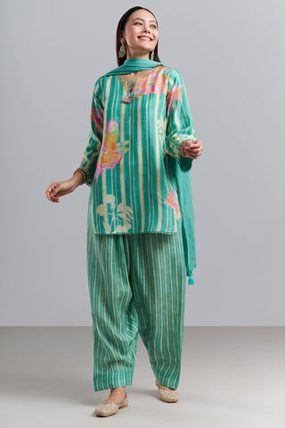 Aqua Green Floral Printed Kurta Patiala Set with Dupatta