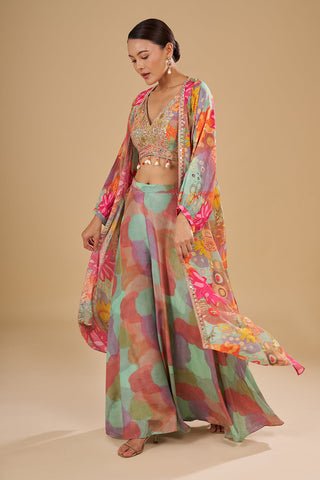 Aqua Multicolour Floral Printed Pure Crepe Cape Set with Sequins, Cut Dana and Mirror Work