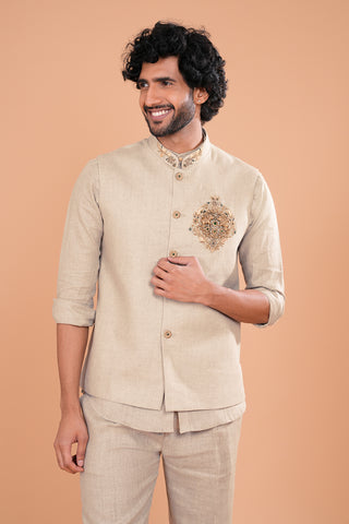 Beige Linen Embroidered Bundi Set