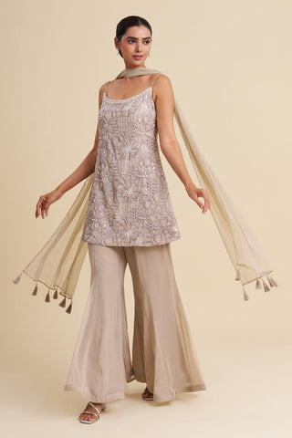 Ash Grey Viscose Georgette Sharara Set with Mirror Work