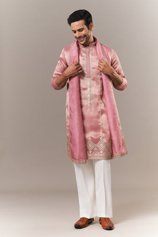 Baby Pink Brocade Mens Kurta Set with Mirror and Zardosi Work