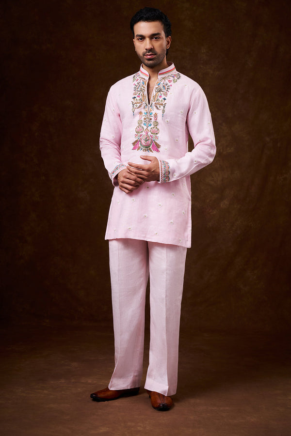 Baby Pink Linen Men's Kurta Jacket Set with Brush-Painted Detailing