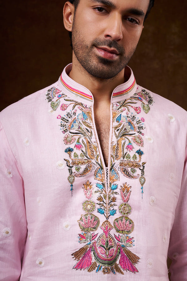 Baby Pink Linen Men's Kurta Jacket Set with Brush-Painted Detailing