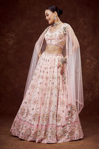 Baby Pink Organza Lehenga with Intricate Mirror Work