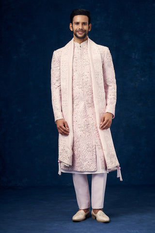 Baby Pink Raw Silk Groom Sherwani with Mirror and Resham Work