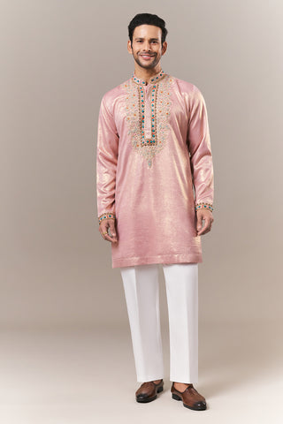 Baby Pink Shimmer Crush Mens Kurta Set with Beads and Zardosi Work