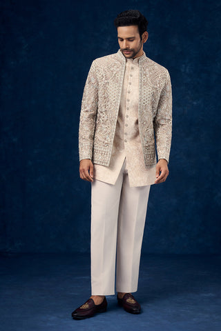 Beige Art Silk Mens Jodhpuri Set with Resham and Zari Work