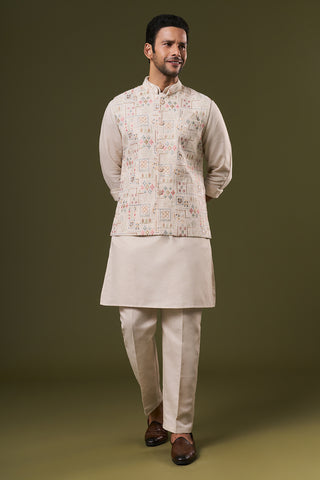 Beige Cotton Mens Kurta Jacket Set with Thread and Sequins Work