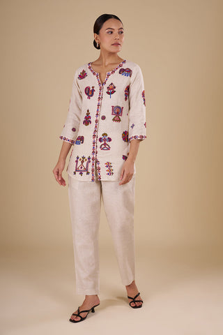 Beige Cotton Linen Kurta Set with Multicolor Thread Embroidery