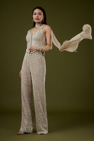 Beige Georgette Lucknowi Palazzo Set with Mirror Work