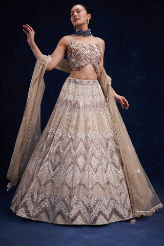 Beige Gold Net Bridesmaid Lehenga with Cutdana, Sequin and Bead Work