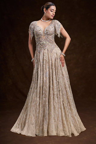 Beige Gold Satin and Net Bridal Gown with Abstract Tassel Embroidery