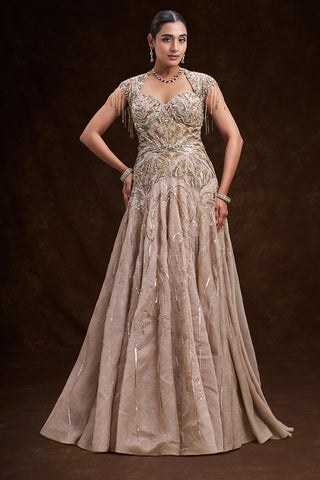Beige Gold Satin and Net Bridal Gown with Tassel Embellished Geometric Work