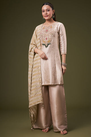 Beige Golden Brocade Palazzo Suit with Zardosi and Gota Work
