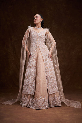 Beige Golden Net Bridal Lehenga with Feathered Cape Detail